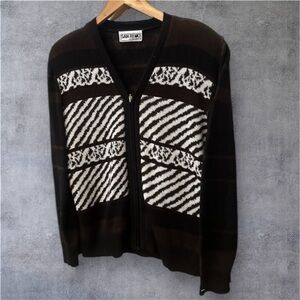 Vintage San Remo by Laura Knits Brown Full Zip Cardigan ‎ Size M Retro Geometric
